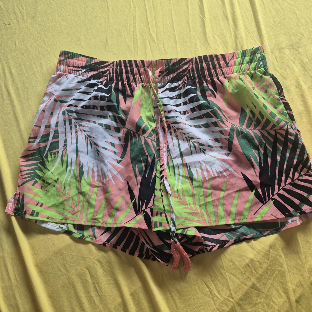 City Streets Tropical Palm Drawstring Shorts - Pink Green Black